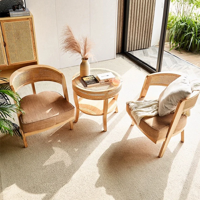 Contemporary Retro Ash Wood Frame Cotton & Linen Upholstery Rattan Weaving Arc Back Accent Chair For Living Room