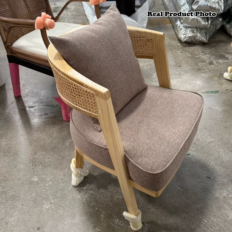 Contemporary Retro Ash Wood Frame Cotton & Linen Upholstery Rattan Weaving Arc Back Accent Chair For Living Room