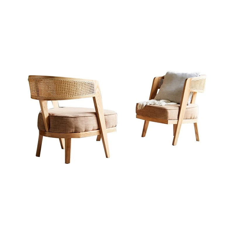 Contemporary Retro Ash Wood Frame Cotton & Linen Upholstery Rattan Weaving Arc Back Accent Chair For Living Room