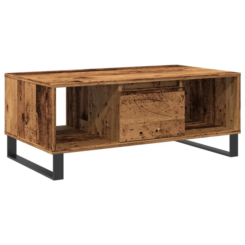 Table basse avec tiroir et compartiment ouvert 90 x 50 x 36,5 cm bois d'ingénierie marron et métal DEC040212