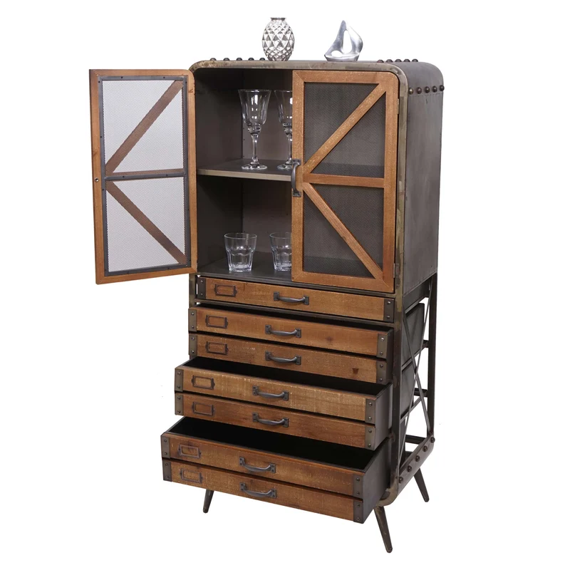 Armoire haute buffet meuble de salon en bois de sapin et métal design industriel 128 x 60 x 33 cm marron-noir 04_0005758