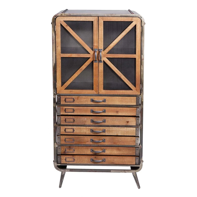 Armoire haute buffet meuble de salon en bois de sapin et métal design industriel 128 x 60 x 33 cm marron-noir 04_0005758