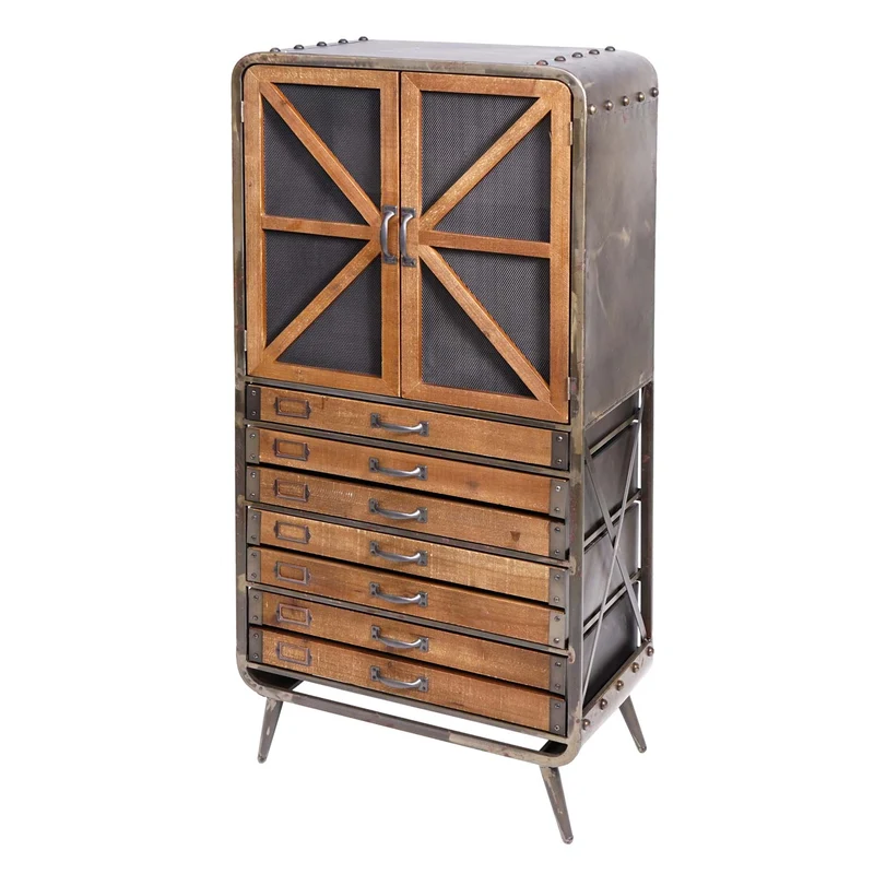 Armoire haute buffet meuble de salon en bois de sapin et métal design industriel 128 x 60 x 33 cm marron-noir 04_0005758