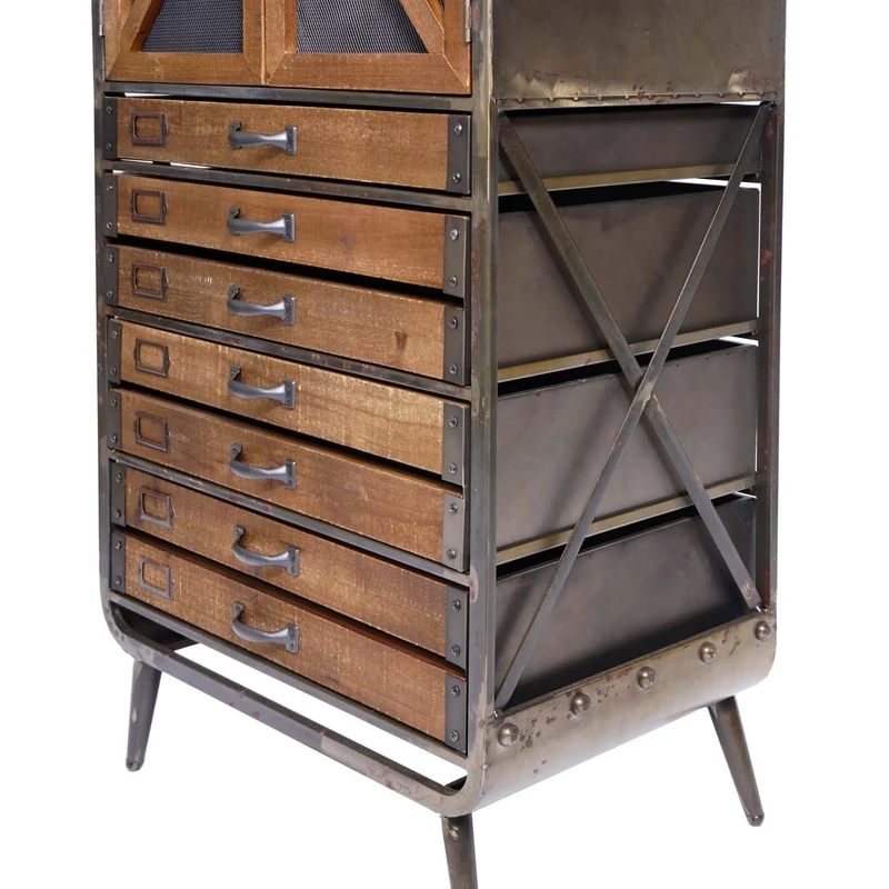 Armoire haute buffet meuble de salon en bois de sapin et métal design industriel 128 x 60 x 33 cm marron-noir 04_0005758