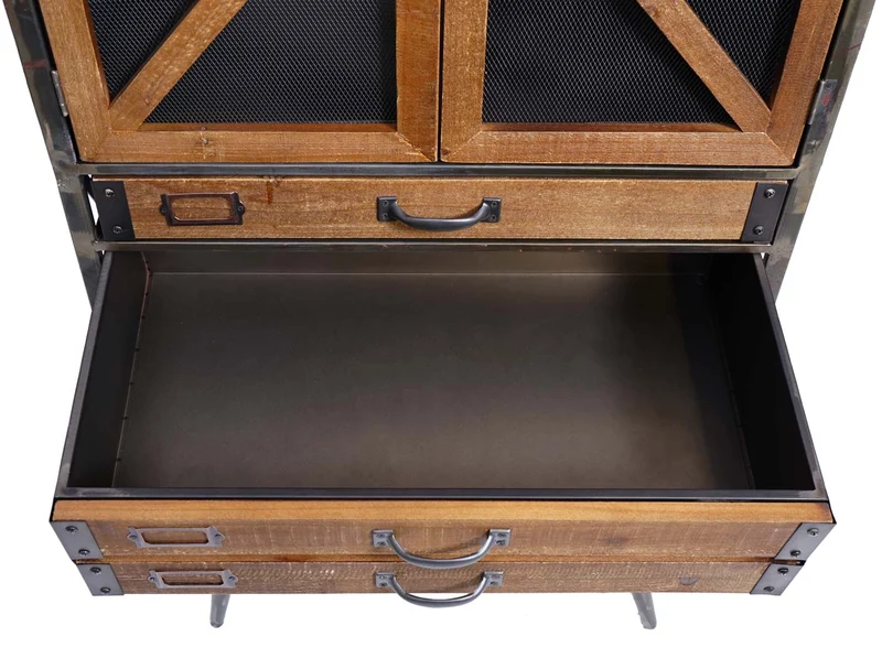Armoire haute buffet meuble de salon en bois de sapin et métal design industriel 128 x 60 x 33 cm marron-noir 04_0005758