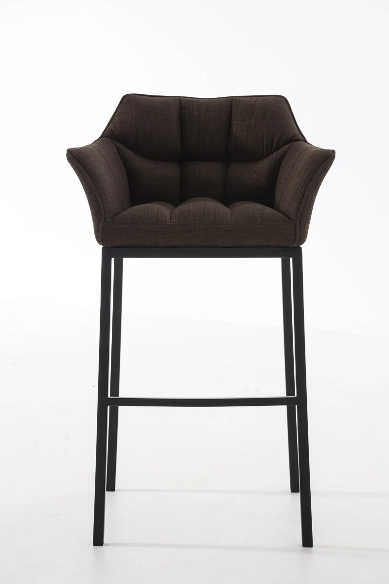 Tabouret de bar chaise haute de comptoir couture carrées assise en tissu marron 4 pieds stables en métal noir 10_0004702