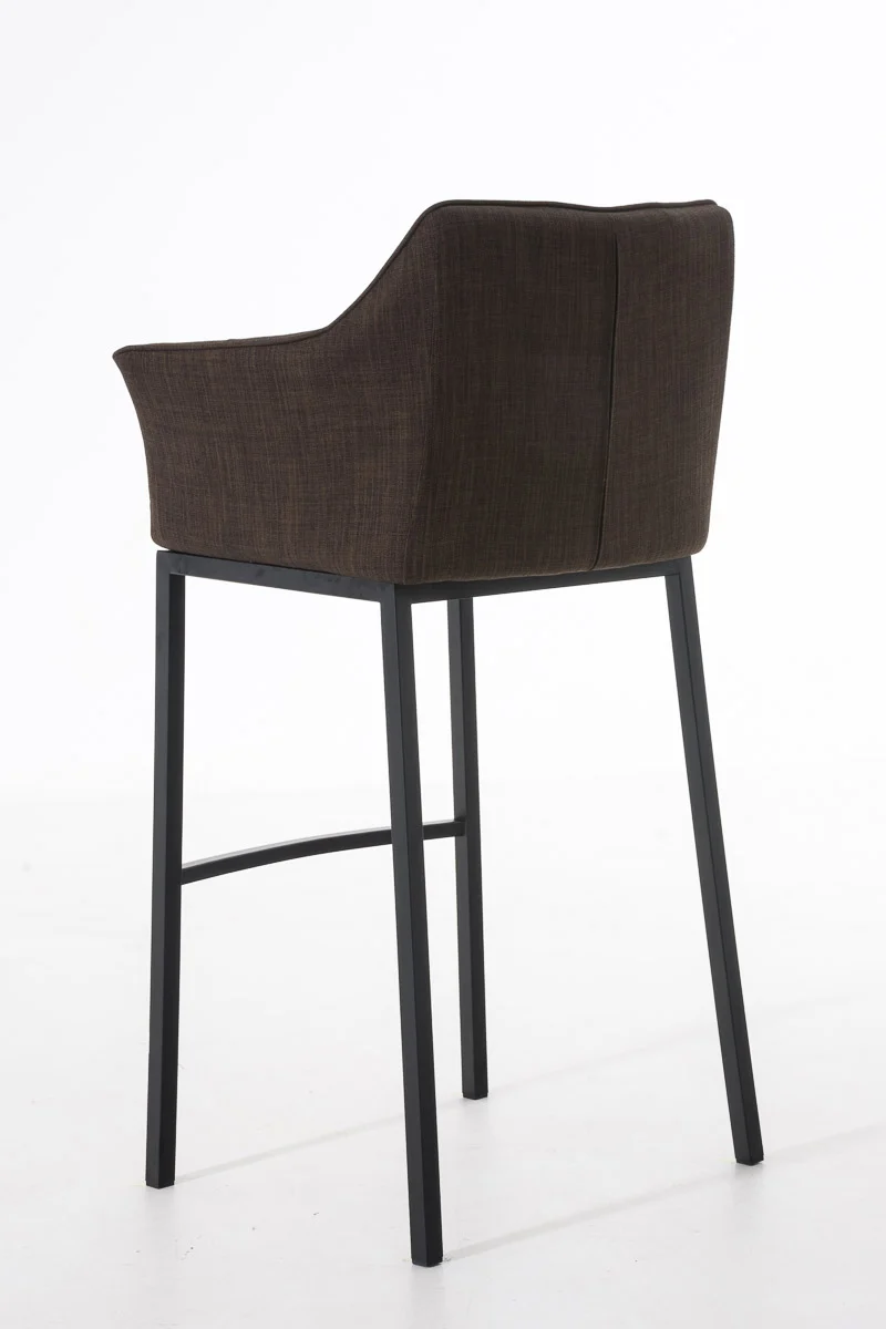 Tabouret de bar chaise haute de comptoir couture carrées assise en tissu marron 4 pieds stables en métal noir 10_0004702
