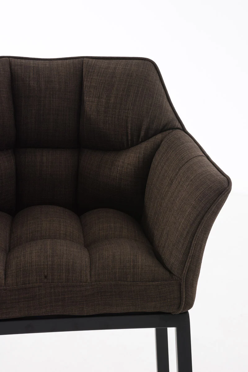 Tabouret de bar chaise haute de comptoir couture carrées assise en tissu marron 4 pieds stables en métal noir 10_0004702