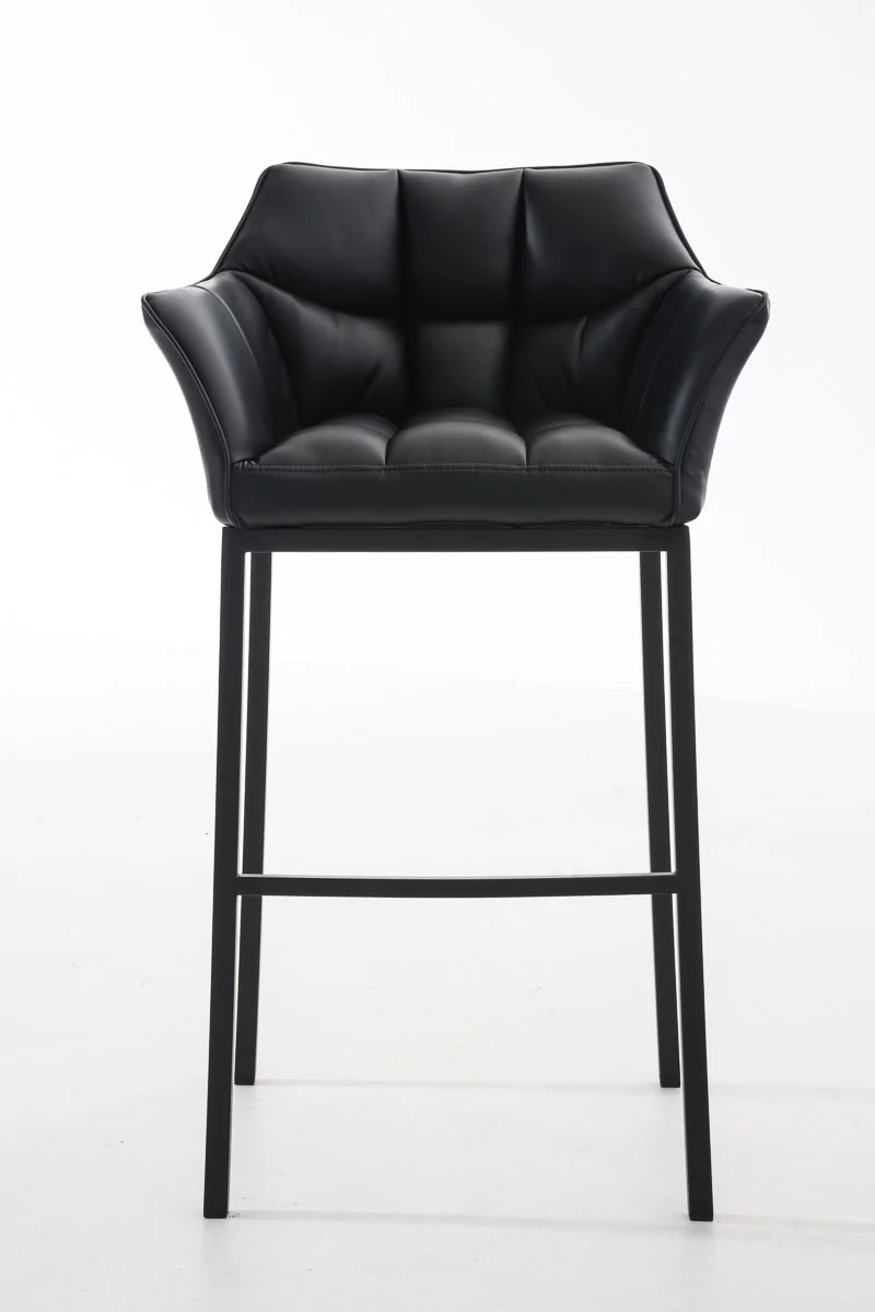 Tabouret de bar chaise haute de comptoir couture carrées assise en PVC noir 4 pieds stables en métal noir 10_0004684