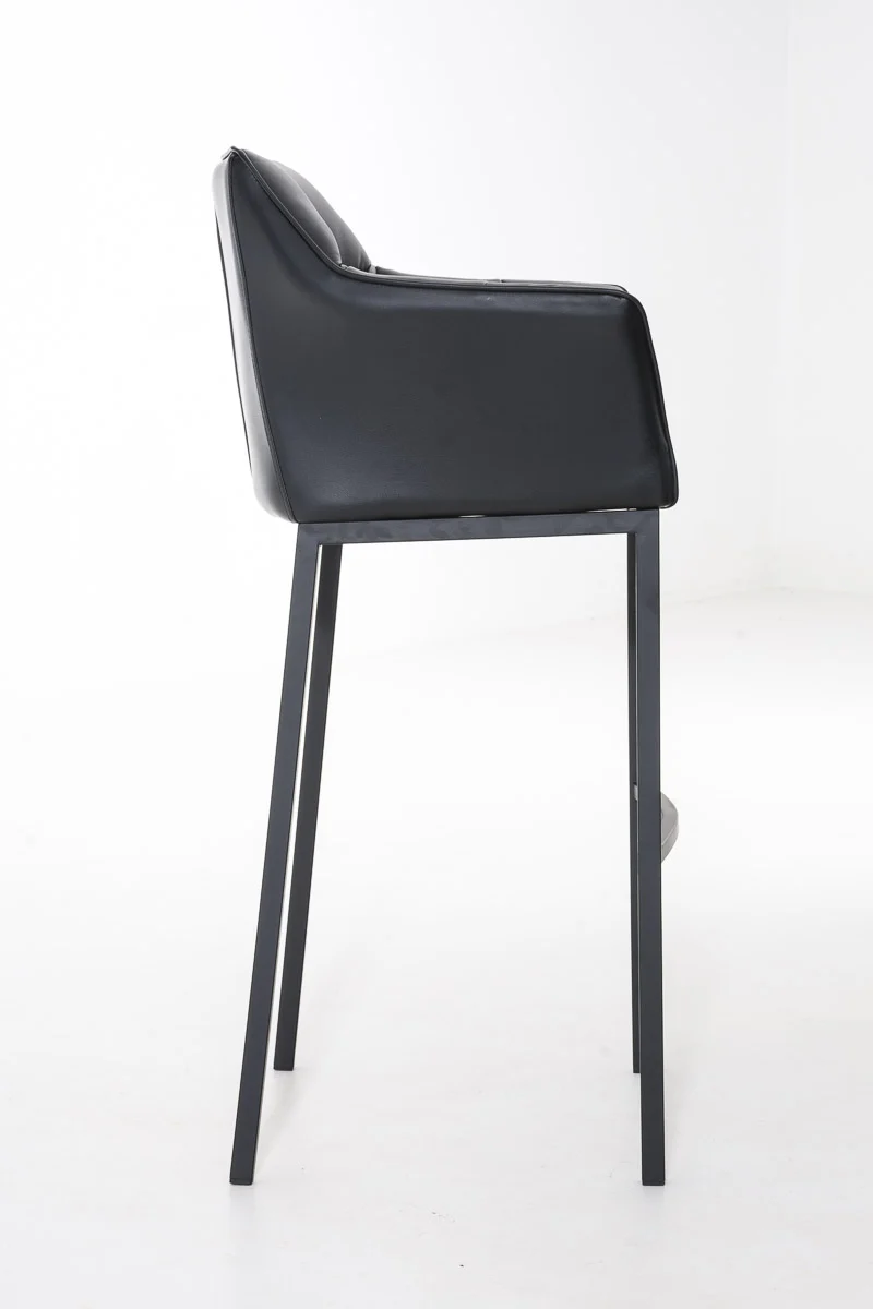 Tabouret de bar chaise haute de comptoir couture carrées assise en PVC noir 4 pieds stables en métal noir 10_0004684