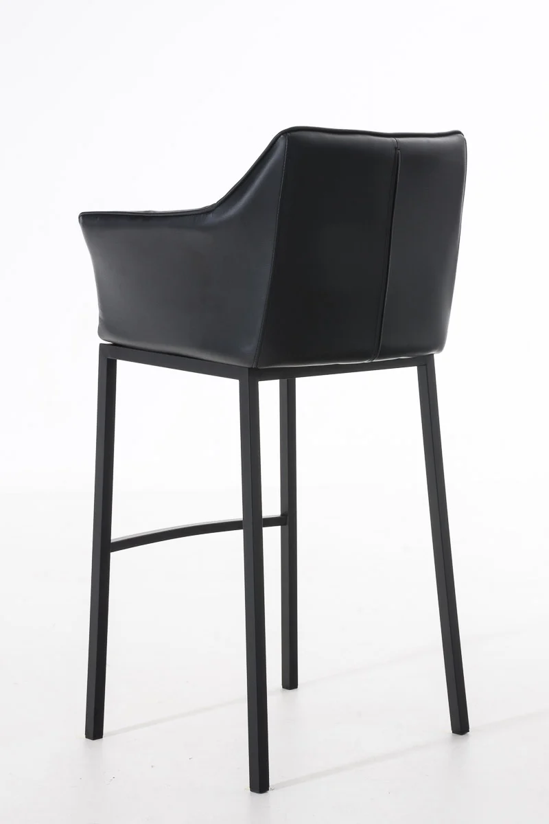 Tabouret de bar chaise haute de comptoir couture carrées assise en PVC noir 4 pieds stables en métal noir 10_0004684