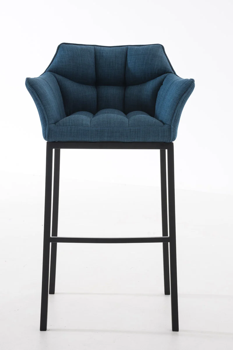 Tabouret de bar chaise haute de comptoir couture carrées assise en tissu bleu 4 pieds stables en métal noir 10_0004701