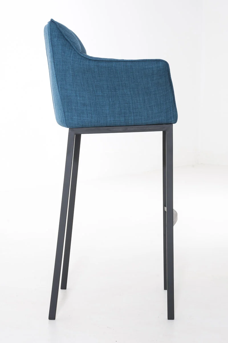Tabouret de bar chaise haute de comptoir couture carrées assise en tissu bleu 4 pieds stables en métal noir 10_0004701