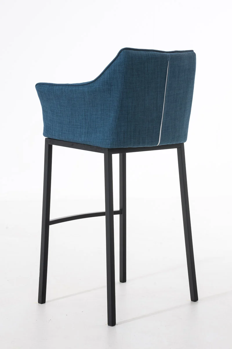 Tabouret de bar chaise haute de comptoir couture carrées assise en tissu bleu 4 pieds stables en métal noir 10_0004701