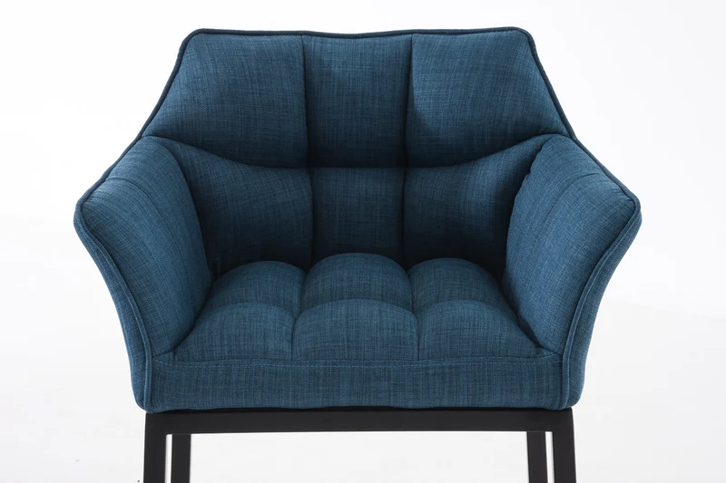 Tabouret de bar chaise haute de comptoir couture carrées assise en tissu bleu 4 pieds stables en métal noir 10_0004701