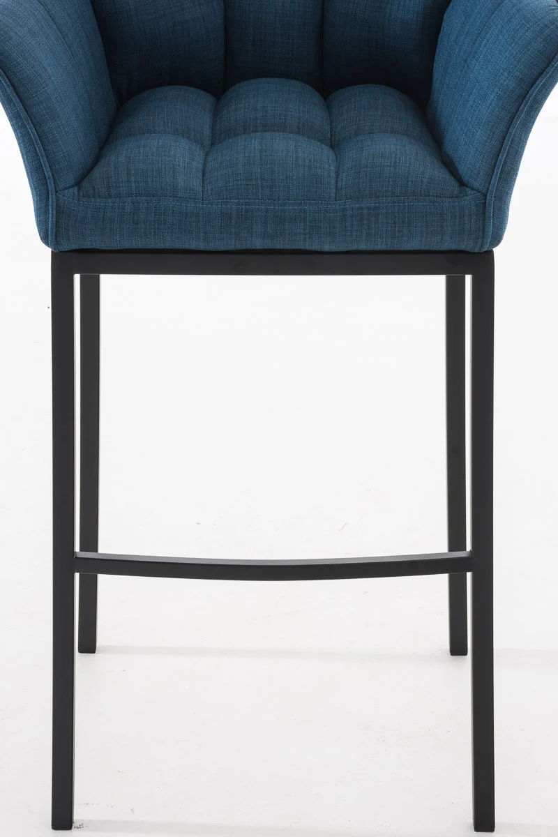 Tabouret de bar chaise haute de comptoir couture carrées assise en tissu bleu 4 pieds stables en métal noir 10_0004701