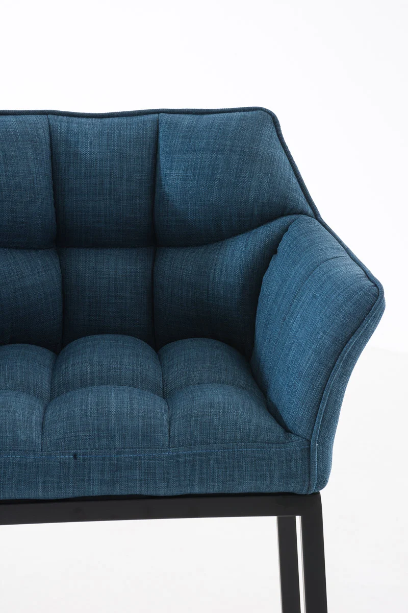 Tabouret de bar chaise haute de comptoir couture carrées assise en tissu bleu 4 pieds stables en métal noir 10_0004701