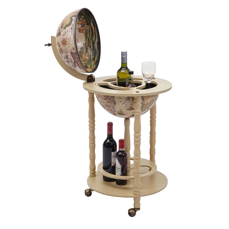 Minibar sur roulettes globe terrestre vintage mappemonde Ø 33cm porte bouteilles bois d'eucalyptus marron 04_0003370