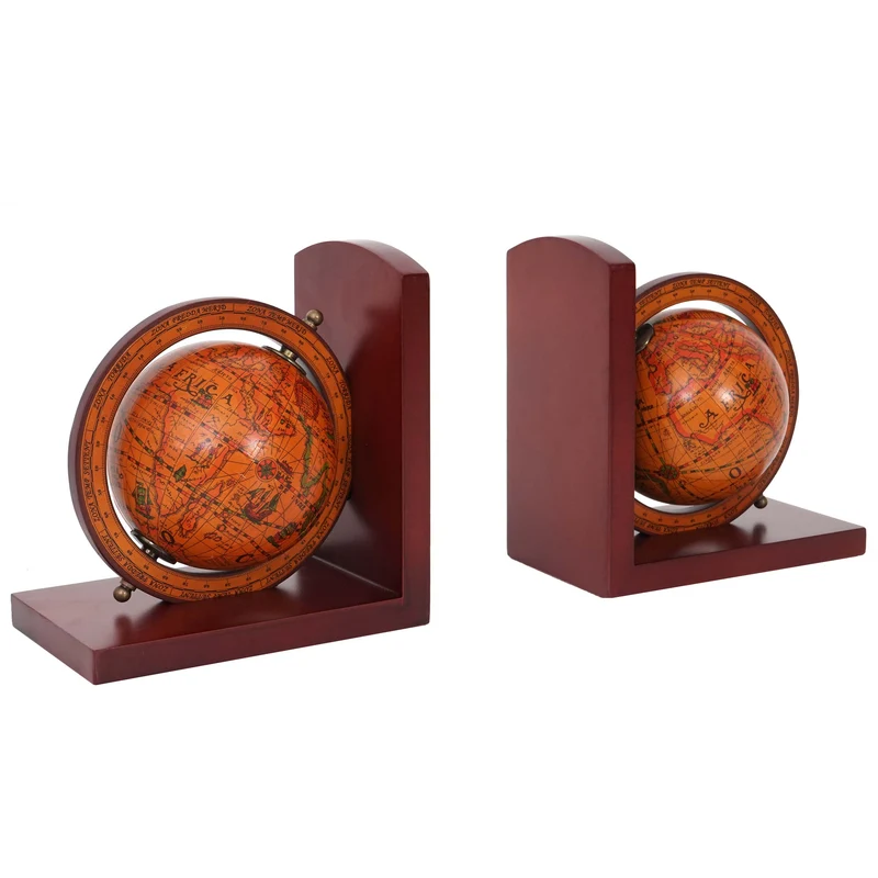 Lot de 2 serre-livres globe terrestre certifié FSC marron décoration étagère 04_0000177