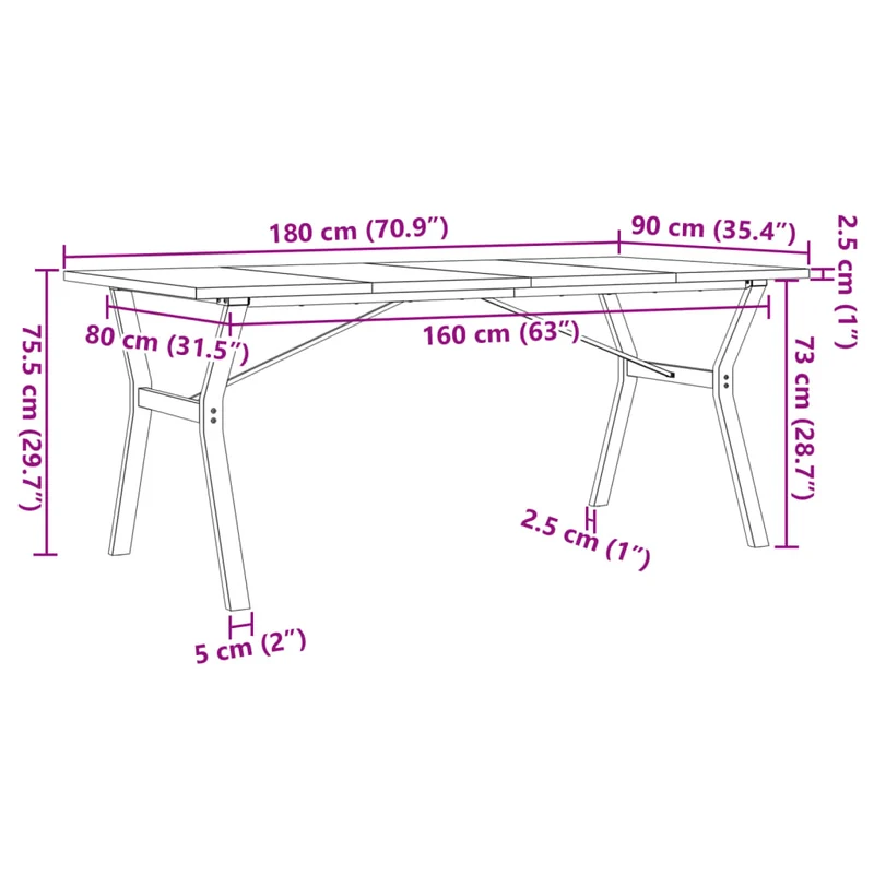 Table de salle à manger design industriel 180 x 90 x 75,5 cm bois pin massif et acier DEC036829
