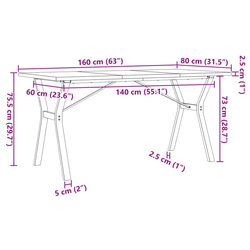 Table de salle à manger design industriel 160 x 80 x 75,5 cm bois pin massif et acier DEC036827