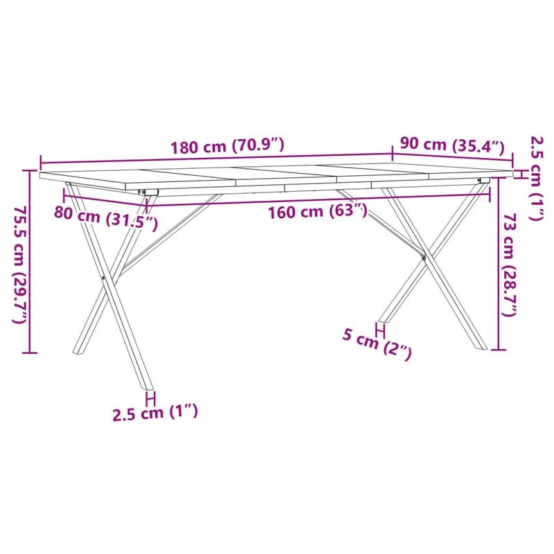 Table de salle à manger design industriel 180 x 90 x 75,5 cm bois pin massif et acier DEC036807