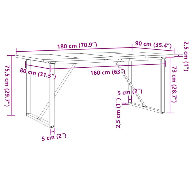 Table de salle à manger design industriel 180 x 90 x 75,5 cm bois pin massif et acier DEC036787