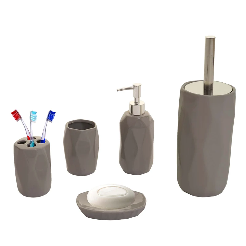 Ensemble de salle de bain 5 pièces brosse à dents savon porte-brosse WC accessoires en céramique gris 04_0004843