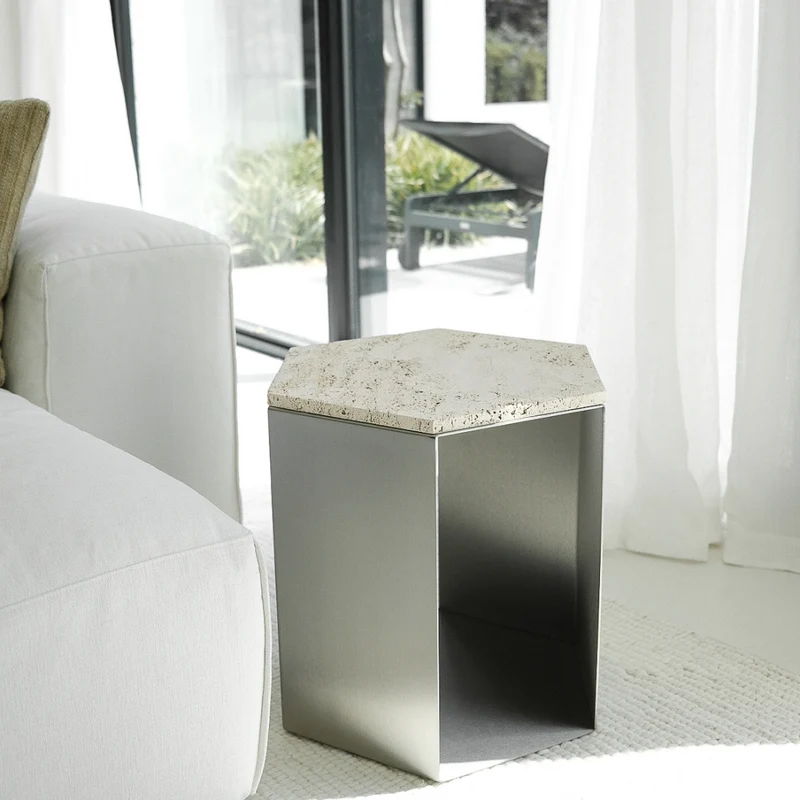 Table basse en travertin Acier inoxydable – Hexagone - Plateau en travertin