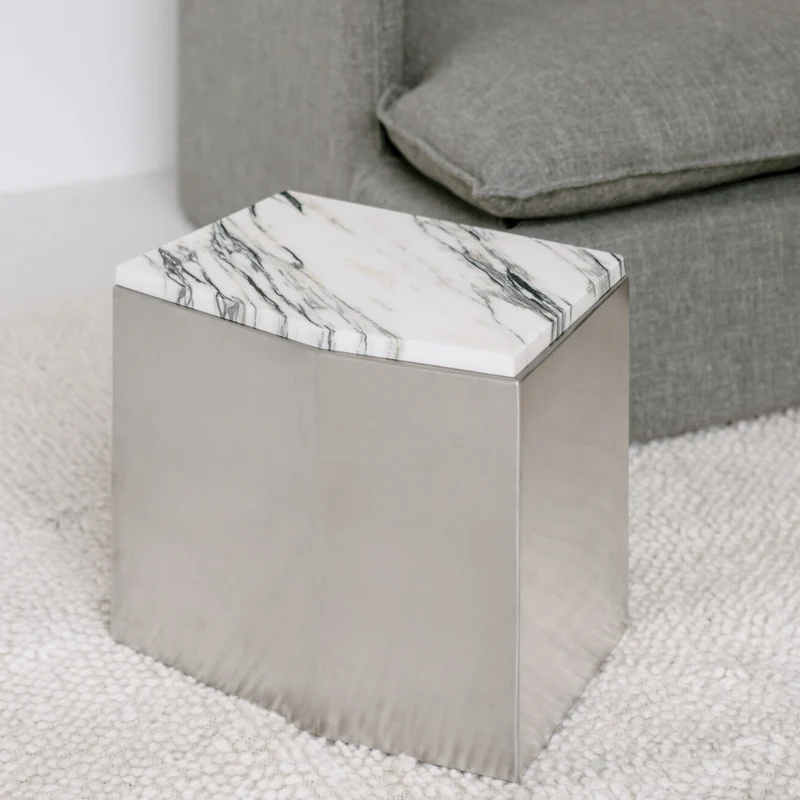 Table basse métal - Creully - Acier inoxydable avec marbre bleu et blanc