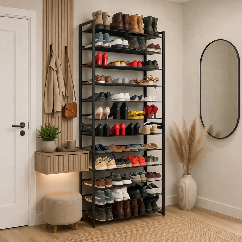 Tatkraft Eiffel – Étagère à chaussures étroite en acier, 12 niveaux, jusqu’à 60 paires, noire