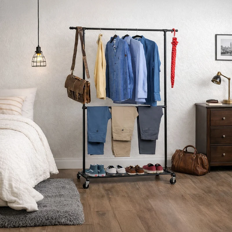 Tatkraft Drago – Portant à vêtements solide sur roulettes, 2 tringles, capacité 110 kg, étagère à chaussures, métal noir