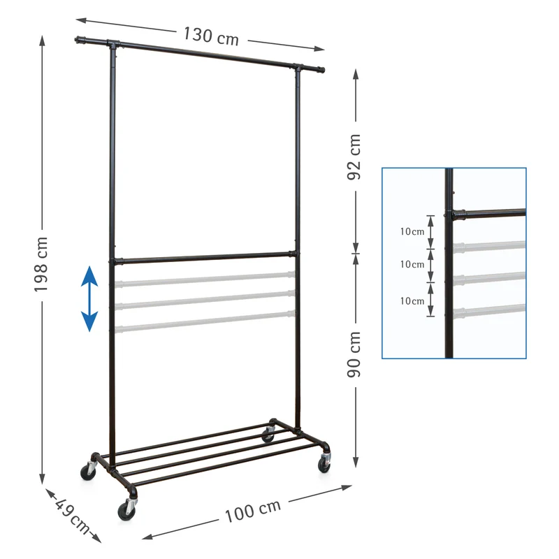 Tatkraft Drago – Portant à vêtements solide sur roulettes, 2 tringles, capacité 110 kg, étagère à chaussures, métal noir