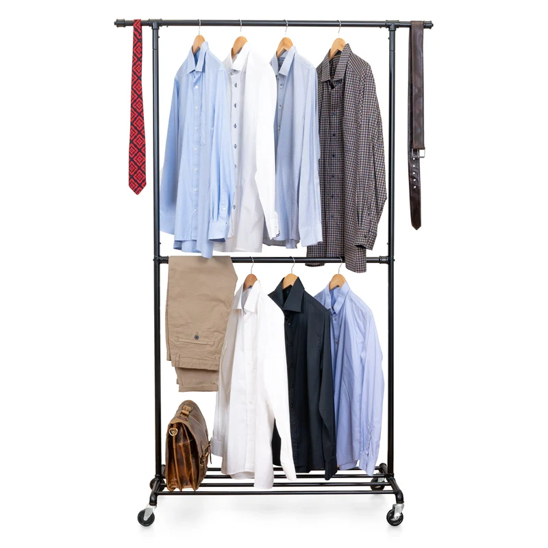 Tatkraft Drago – Portant à vêtements solide sur roulettes, 2 tringles, capacité 110 kg, étagère à chaussures, métal noir