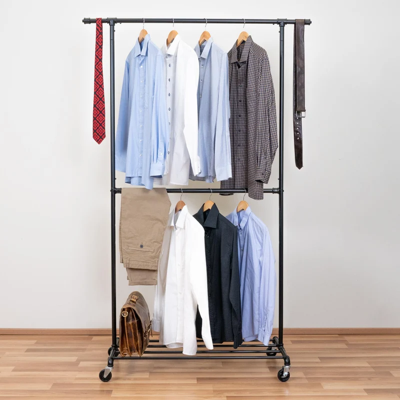 Tatkraft Drago – Portant à vêtements solide sur roulettes, 2 tringles, capacité 110 kg, étagère à chaussures, métal noir