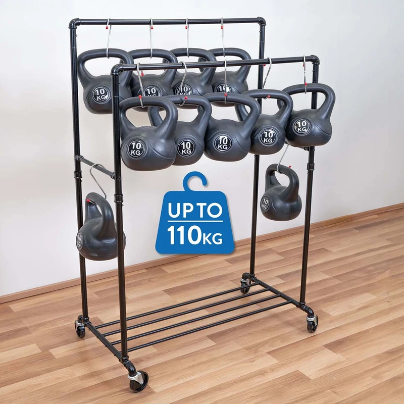 Tatkraft Pantera – Portant à vêtements solide sur roulettes, capacité 110 kg, 2 tringles, étagère à chaussures, métal noir