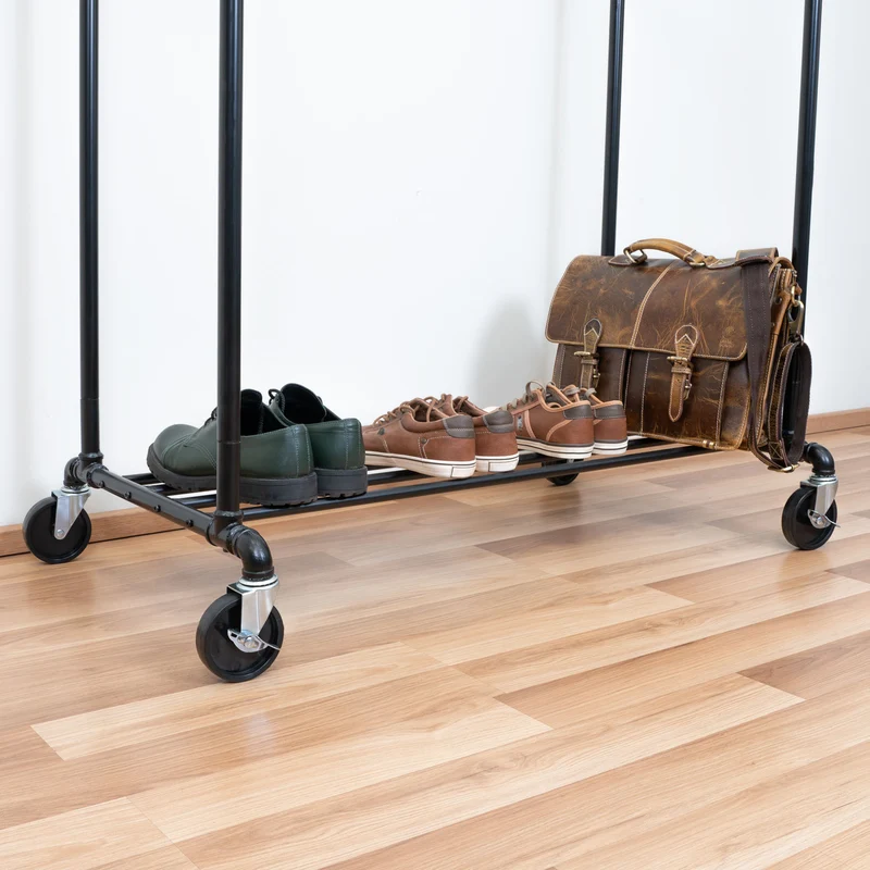 Tatkraft Pantera – Portant à vêtements solide sur roulettes, capacité 110 kg, 2 tringles, étagère à chaussures, métal noir