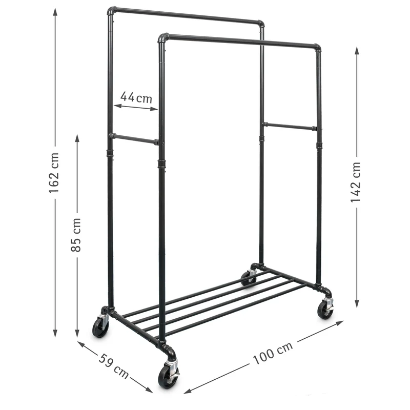 Tatkraft Pantera – Portant à vêtements solide sur roulettes, capacité 110 kg, 2 tringles, étagère à chaussures, métal noir