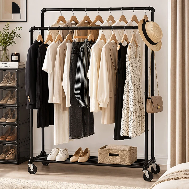 Tatkraft Pantera – Portant à vêtements solide sur roulettes, capacité 110 kg, 2 tringles, étagère à chaussures, métal noir