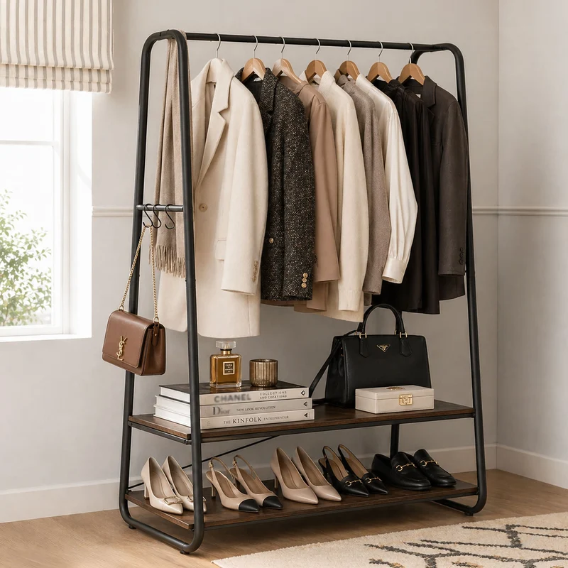 Tatkraft Anneli - Portant Vetement Solide, Capacité de Charge 170 kg, Porte-manteaux, avec 2 Étagères, Marron Rustique et Noir