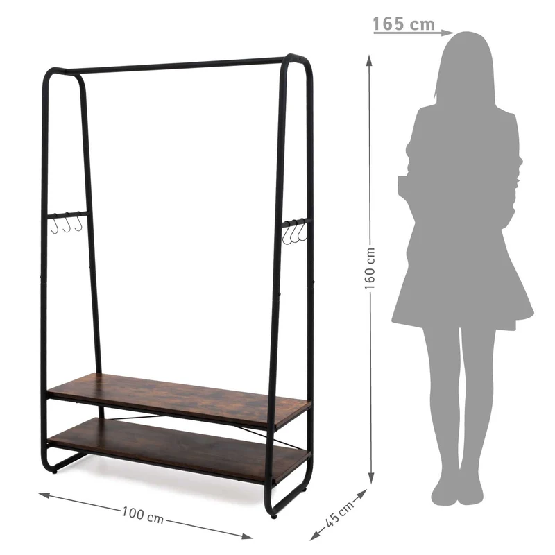 Tatkraft Anneli - Portant Vetement Solide, Capacité de Charge 170 kg, Porte-manteaux, avec 2 Étagères, Marron Rustique et Noir