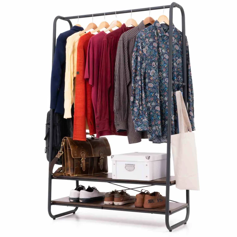 Tatkraft Anneli - Portant Vetement Solide, Capacité de Charge 170 kg, Porte-manteaux, avec 2 Étagères, Marron Rustique et Noir