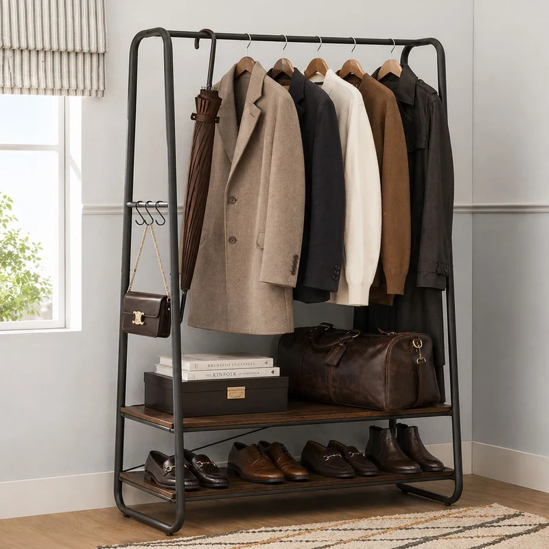Tatkraft Anneli - Portant Vetement Solide, Capacité de Charge 170 kg, Porte-manteaux, avec 2 Étagères, Marron Rustique et Noir