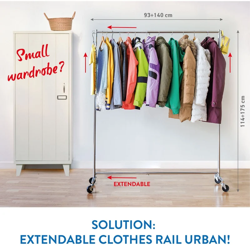 Tatkraft Urban – Portant à vêtements solide, capacité 60 kg, extensible 93–140 cm, hauteur réglable 114–175 cm, sur roulettes, chromé