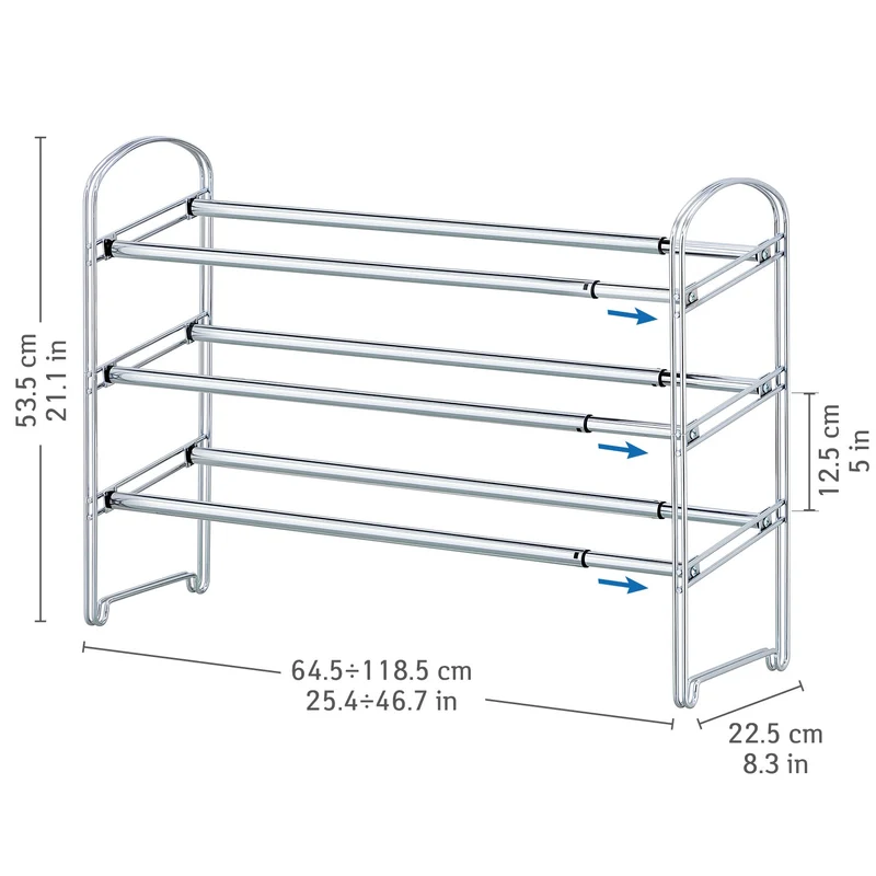 Tatkraft Maestro - Etagère à Chaussures en Acier Chromé 3 Etages, Porte-Chaussures Extensible, Meuble à Chaussures Réglable