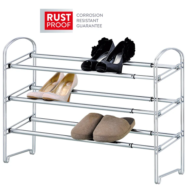 Tatkraft Maestro - Etagère à Chaussures en Acier Chromé 3 Etages, Porte-Chaussures Extensible, Meuble à Chaussures Réglable
