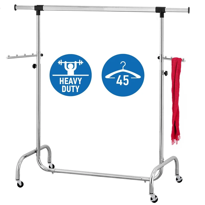 Tatkraft Falcon – Portant à vêtements solide sur roulettes, largeur et hauteur réglables, capacité 80 kg, jusqu’à 45 cintres, acier chromé