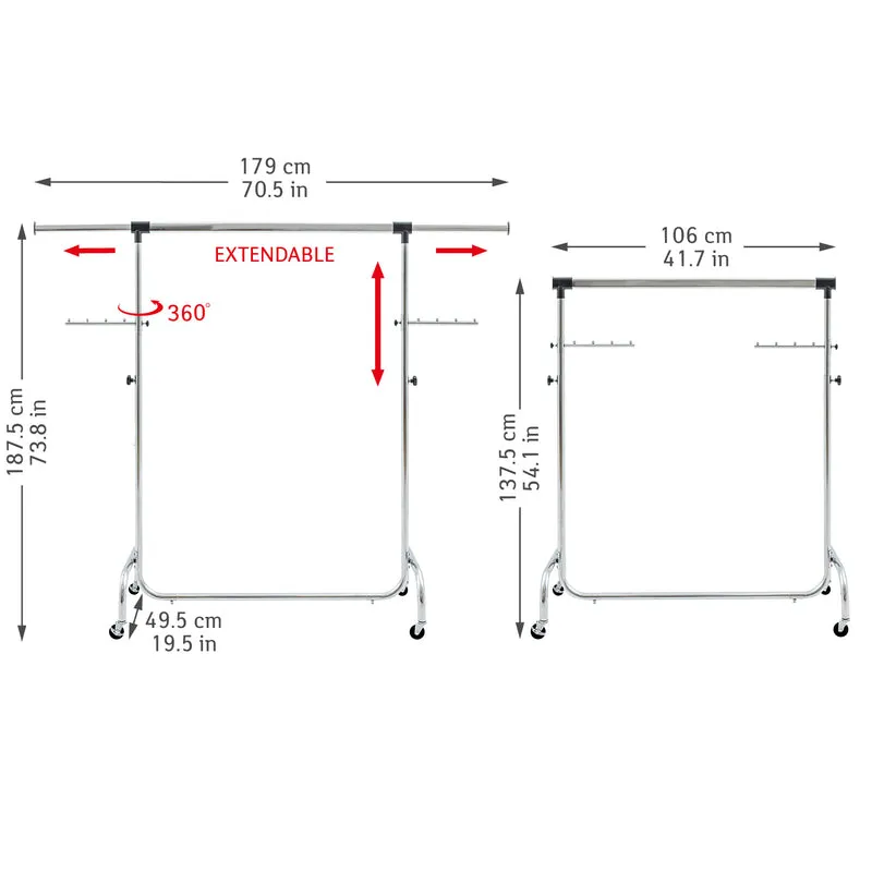 Tatkraft Falcon – Portant à vêtements solide sur roulettes, largeur et hauteur réglables, capacité 80 kg, jusqu’à 45 cintres, acier chromé