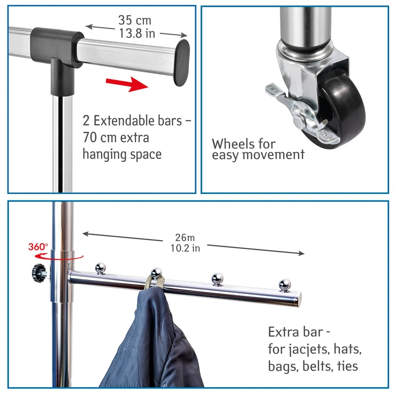 Tatkraft Falcon – Portant à vêtements solide sur roulettes, largeur et hauteur réglables, capacité 80 kg, jusqu’à 45 cintres, acier chromé