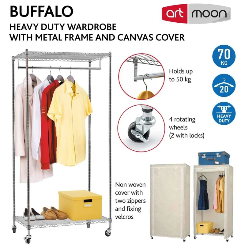 art moon Buffalo - Penderie Tissu, Armoire Tissu, Portant Vêtement Solide, avec Housse en Tissu, avec Roulettes, avec Range-Chaussures, Crème